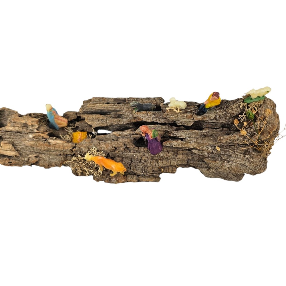 Vintage Nativity Scene Display on‎ Natural Bark Wood Log with Figurines Decor
